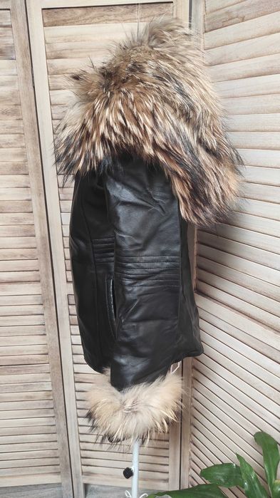 Палто естествена кожа  с естествен косъм