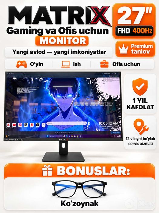 Monitor MATRIX 27″ 400Hz Full HD, gaming va ofis uchun ideal tanlov