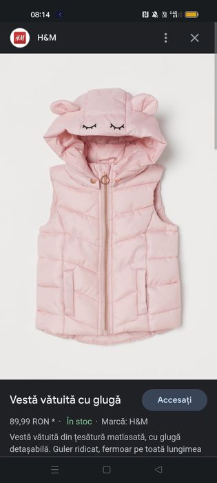 Vand vesta h&m vatuita roz pudra cu gluga