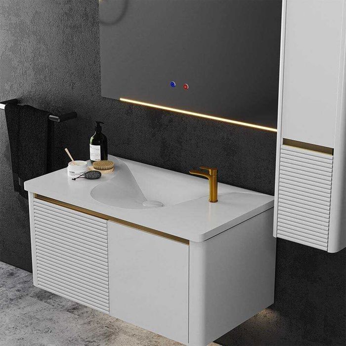 PVC комплект мебели за баня AURA WHITE 90 - мивка, огледало и колона