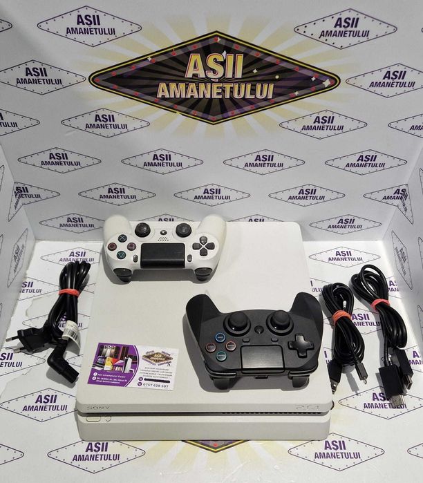 Asii Amanetului - Consola PlayStation 4 Slim (PS4) Model 2116A cu doua manete, cablu de alimentare, cablu incarcare manete si HDMI