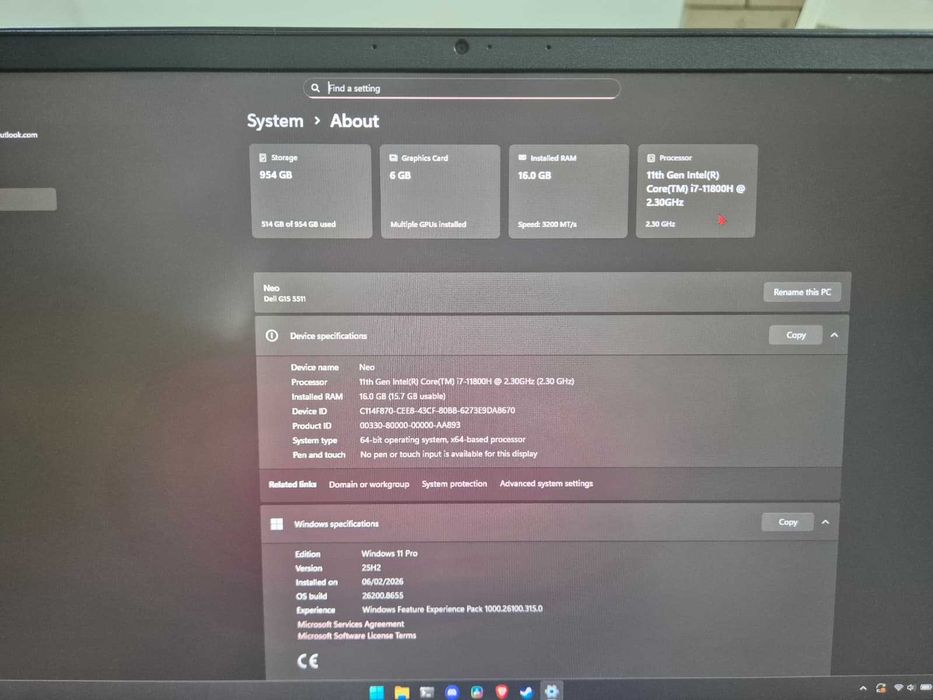 Dell G15 I7 11800H 16 Gb RAM 1Tb SSD M.2 RTX 3060 Laptop de Gaming
