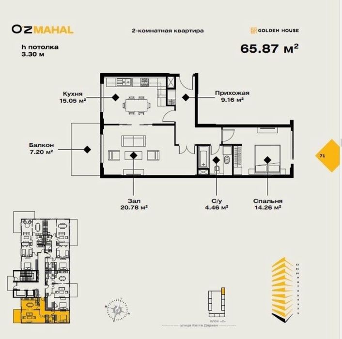Продаётся 2ком ЖК Oz Mahal 66м2 ор-р: Новомосковская