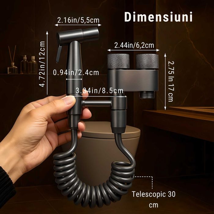 Set Dus Igienic Gri Antracit pentru WC/Bideu – Robinet Dublu Cald/Rece