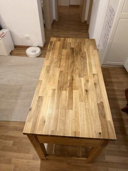 Masă lemn masiv tip insula 140 x 64 cm, cu 2 nișe de depozitare
