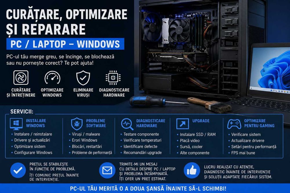 Asamblare, Curățare, Întreținere și Reparații PC / Laptop – Windows & Linux