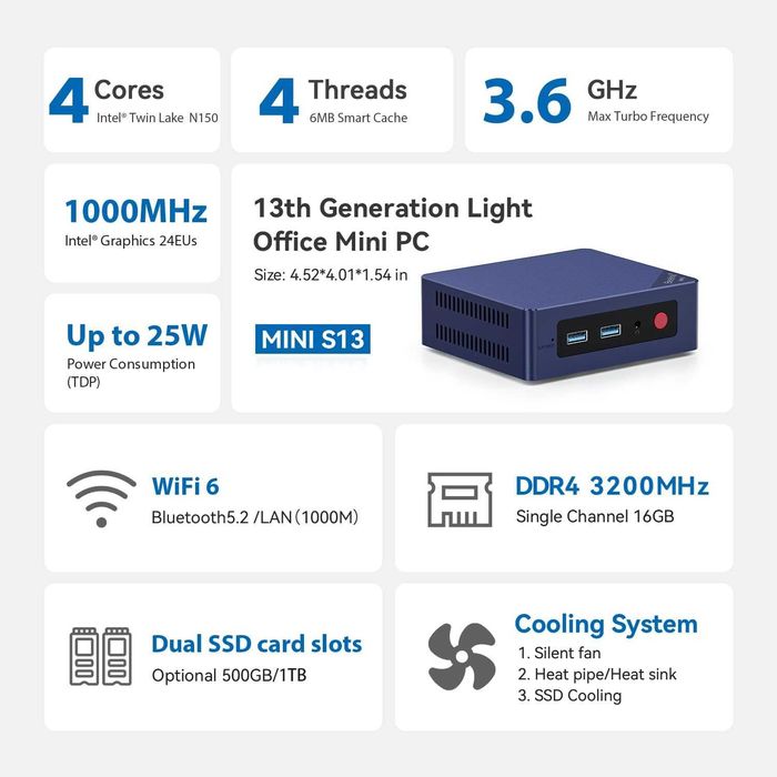 Мини Пк Mini Pc Beelink Mini S13 Intel 150 13th 16Gb DDR4 1TB SSD