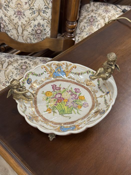 Fructiera din portelan craquelle si ornamente din bronz