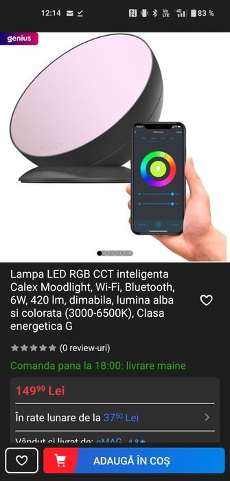 Lampa Calex Smart Moodlight RGB+CCT, WiFi, 5W, 420 lumeni