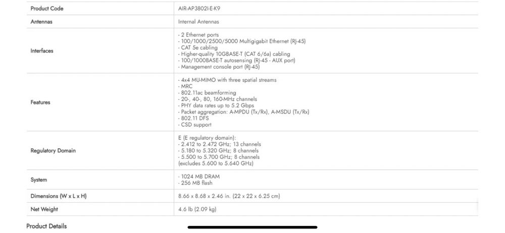 Cisco Aironet 3802 Access Point AIR-AP3802I-E-K9 Dual Band