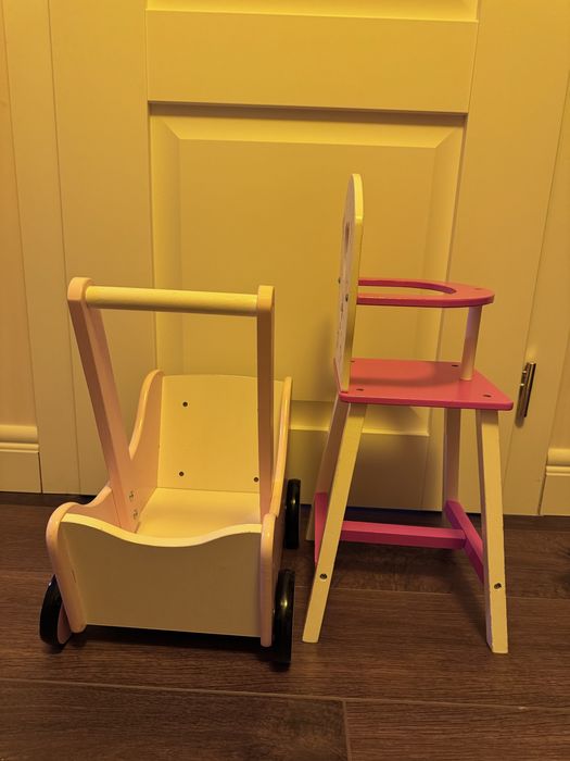 Дървена количка и стол за хранене за кукли