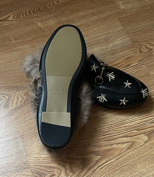 Женские кожаные лоферы с мехом, Gucci