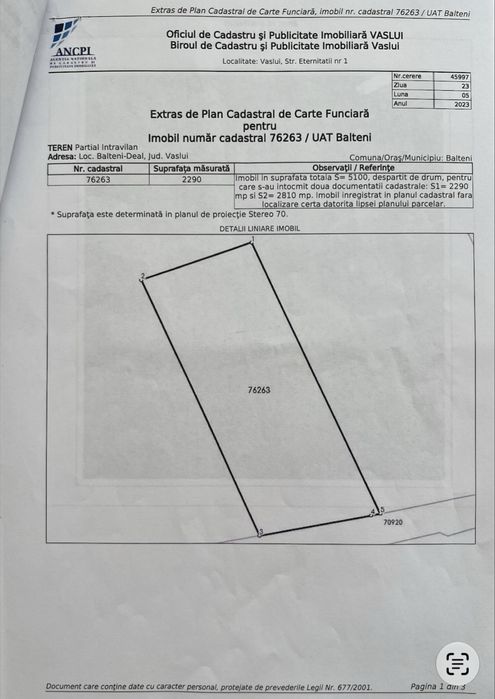 Teren 5100 mp Balteni Deal Vaslui Intravilan si Extravilan Cadastru