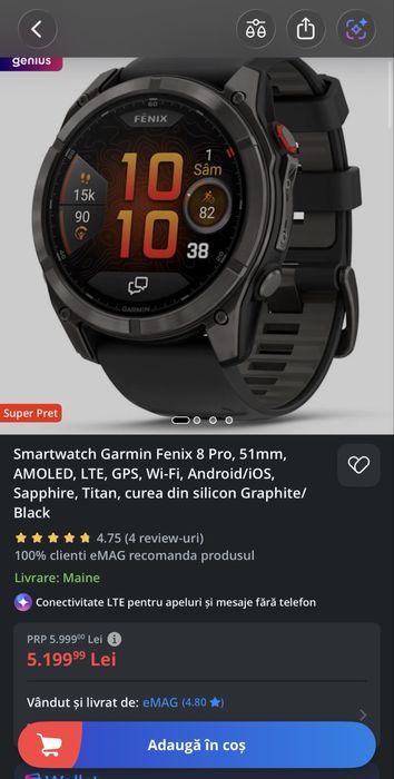 Garmin Fenix 8 Pro 51mm AMOLED Sapphire - Factură Garmin Oct. 2025 + Curea NOUA verde mentă