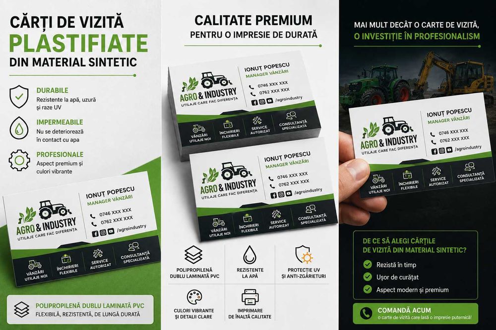 200 buc - Carti de vizita plastifiate personalizate, rezistente la apa si uzura, print color HD