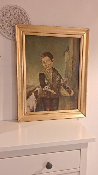 Tablou/Pictura veche ulei reproducere  Murillo/Copil cu un caine