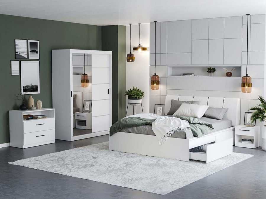 Set Dormitor Nordis Alb C06 tapitat / oglinda - Transport Gratuit