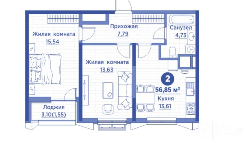 Regnum Plaza 56м2 вид во двор раздельная планировка