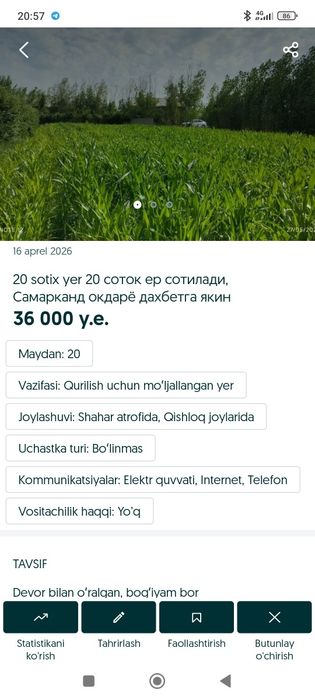 20 sotix yer 20 соток ер сотилади, Самарканд окдарё дахбетга якин