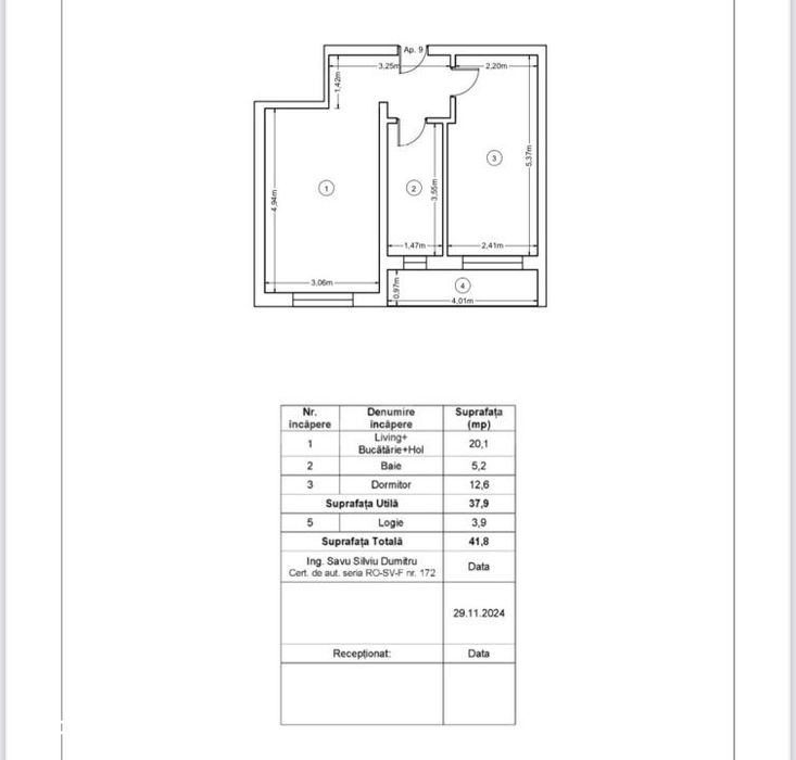 Apartament nou, 2 camere, 41,8 mp, Zona Ipotesti