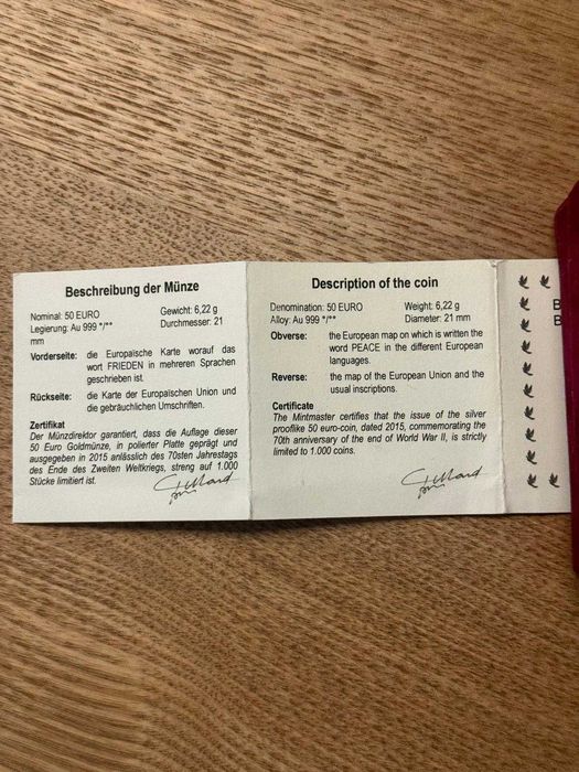 Moneda aur 24k 50 Euro 2015