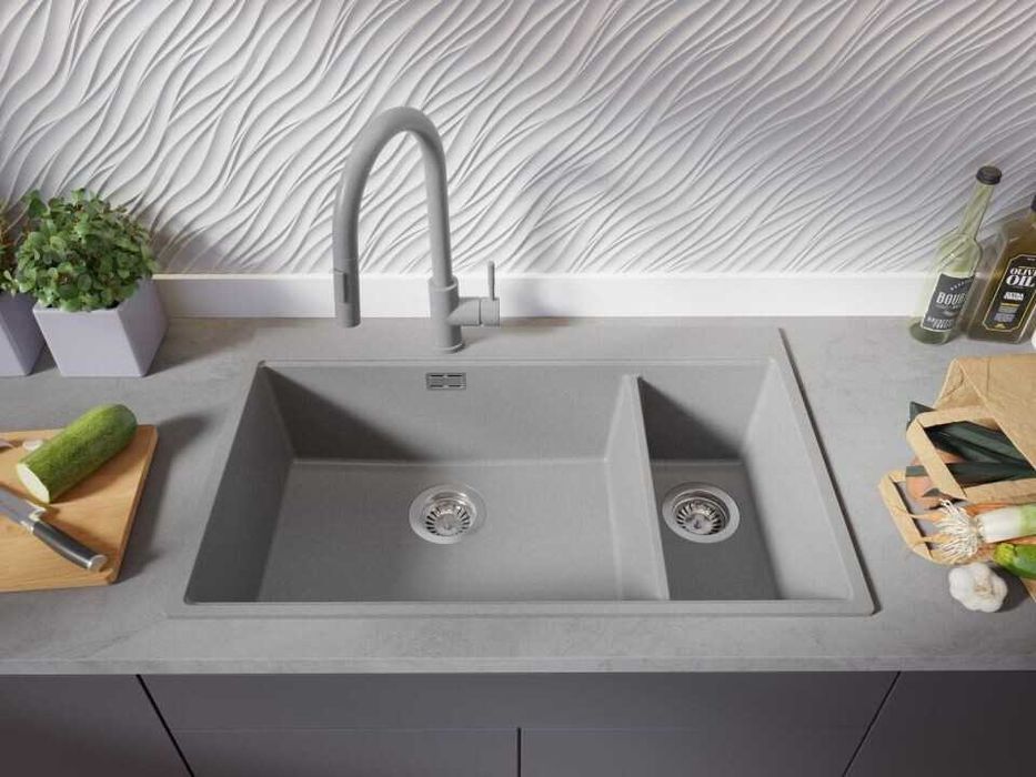 Сива кухненска гранитна мивка Осло 80 Duo Top 780x500 мм
