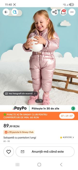 Salopeta îmblanita Sinsay 98 cm, stare foarte bună, defect  închidere cordon