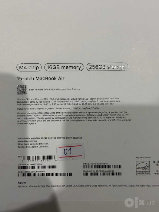 MacBook Air 15" M4 / 16GB / 256GB / Battery 96% — Ideal Holatda