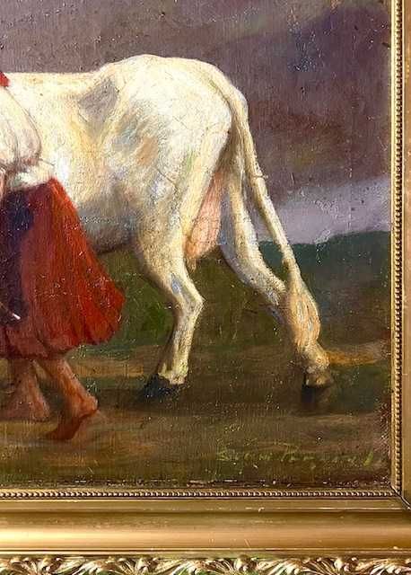 "Cu vaca la pascut" Tablou F, FOARTE VECHI, ulei/pz, semnat, 60x40cm+R