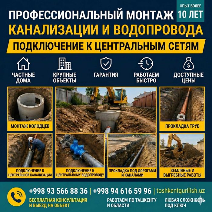 Markaziy kanalizatsiya va suvga ulanish. Har qanday murakkablikda
