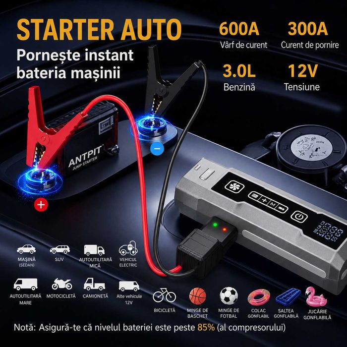 Compresor si Aspirator Auto 5 in 1 ANTPiT fara fir, Starter, Lanterna, Lumina SOS, 10 Bar, Baterie 6000mAh, Portabil, Gri