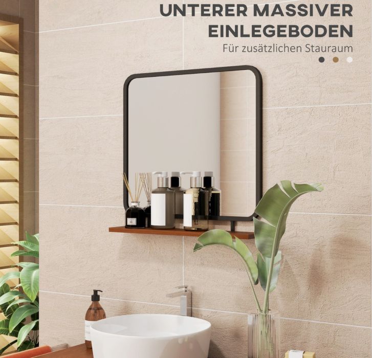 Стенно огледало с дървен рафт 55х55