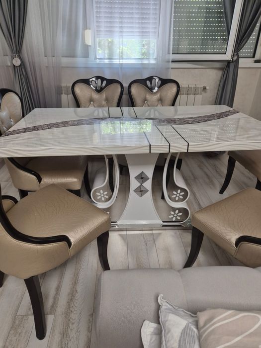 Masa dining din marmură + 6 scaune piele