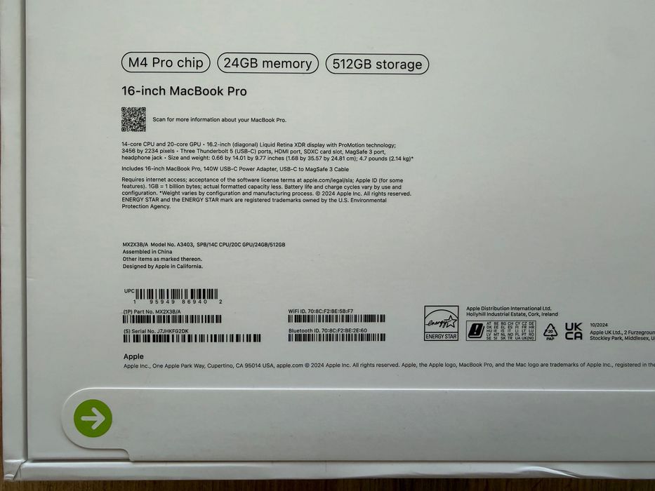 ЧИСТО НОВИ MacBook Pro 16" M4 PRO Chip 14-CPU/20-GPU/24GB RAM/512 SSD