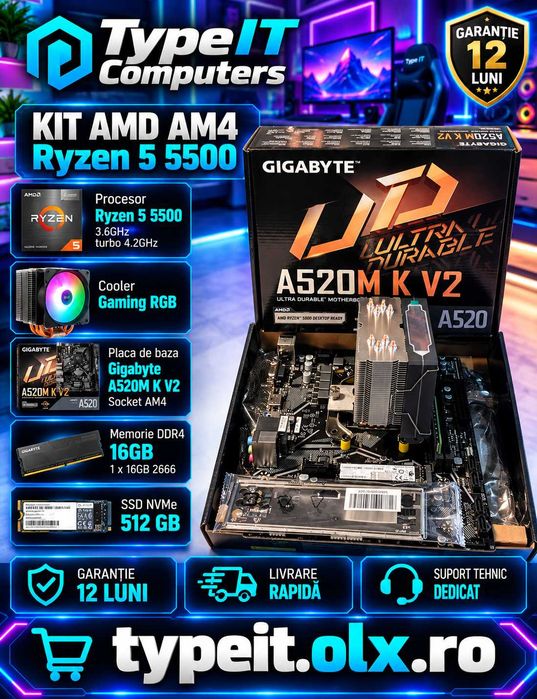 KIT Ryzen5 5500 4.2 Ghz, Placa Gigabyte A520M, 16GB DDR4, NVme 512GB