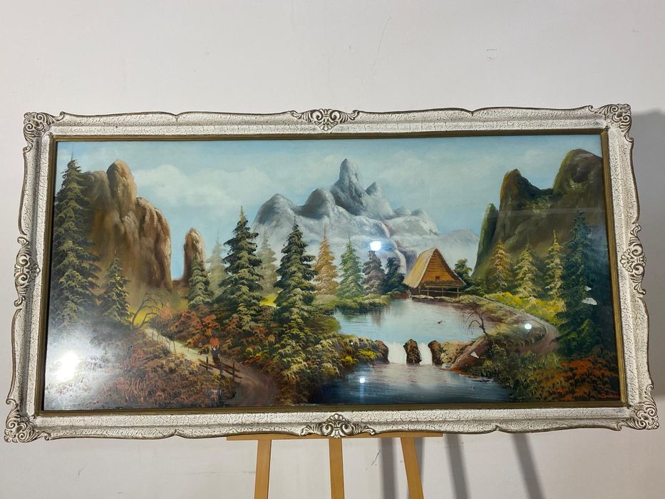 Tablou cu Ramă din Lemn 165x88 cm; Pictură în Ulei pe Pânză, Peisaj Montan
