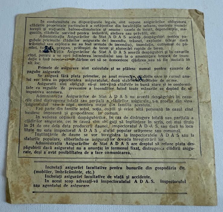 Antichitate, colectionari, Certificat de asigurare ADAS,  an 1956