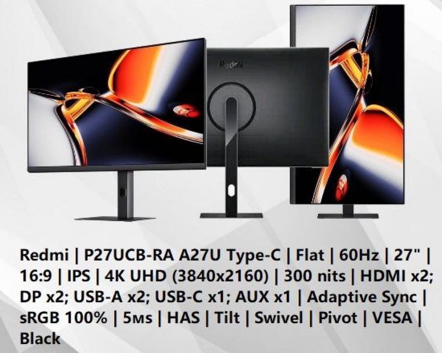 Монитор Redmi A27U 27″ 4K UHD Type-C | 4K monitor