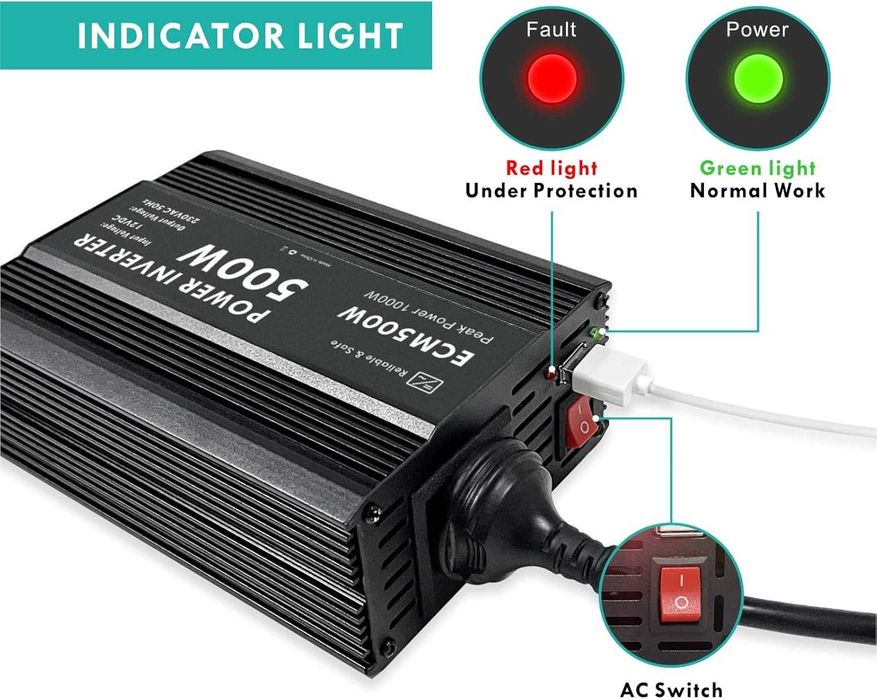 ECM 500 W модифициран синусоидален захр. инвертор DC 12 V към AC 230 V