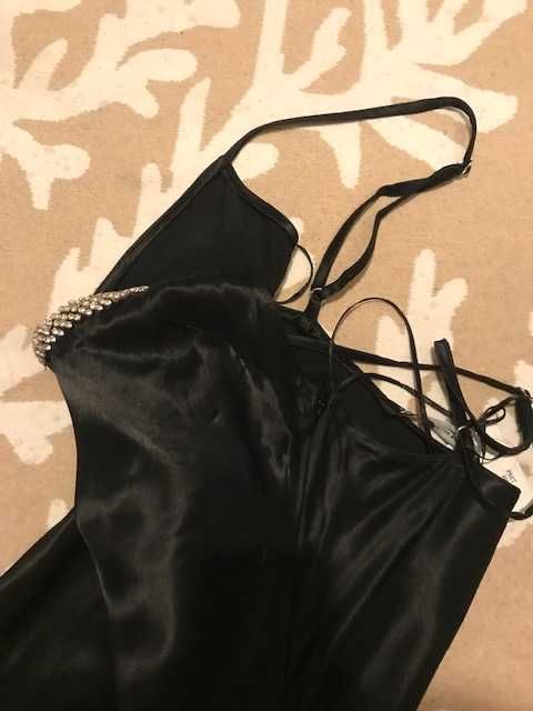 Zara Rochie slip asimetrică seara Satin negru paiete margele Strass