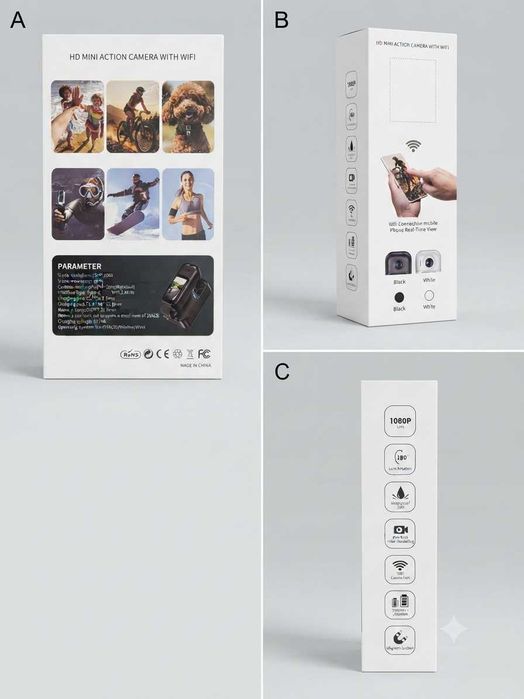 Мини екшън камера с 1080P резолюция, WiFi, въртящ се обектив на 180°, водоустойчива и магнитна стойка (Нова)