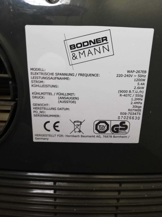 aer conditionat portabil BODNER MANN model  WAP-267, cu telecomanda - Perfecta Stare
