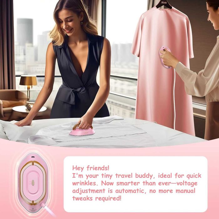 Мини ютия за път Newbealer - Двоен волтаж (работи в цял свят), Розова