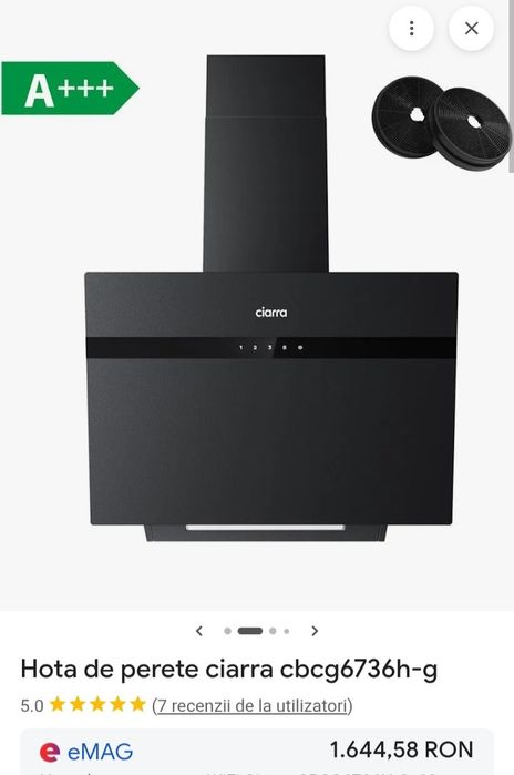 Ciarra hota de perete 60cm,clasa A+++3 viteze,WI-FI led oțel inoxidabil