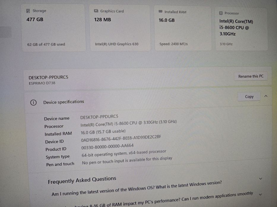 Calculator Fujitsu Esprimo D738 I5-8600 16Gb RAM SSD 512