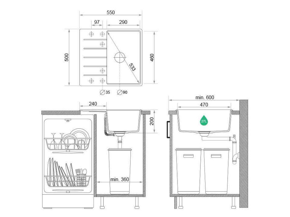 Сива кухненска гранитна мивка Копенхаген 40 Top 550 x 500 мм