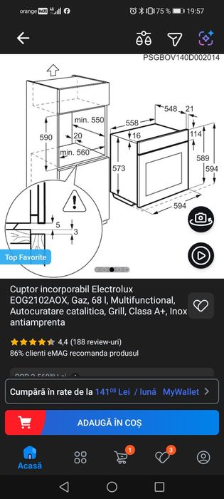 Cuptor incorporabil Electrolux EOG2102AOX, Gaz, 68 l, Multifunctiona