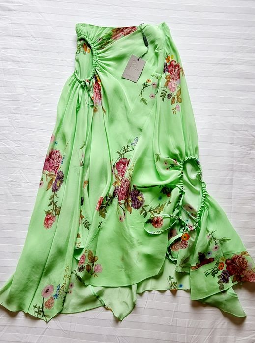 Пола миди XS размер PREEN официална ежедневна асиметрична зелена принт