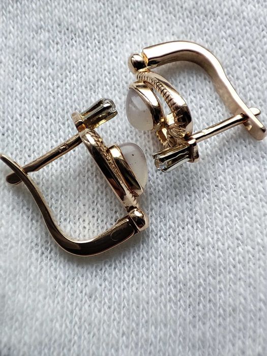 Cercei Aur 14K Rusia Rusesti Cu Quart Roz Natural Si Cristal Stanca