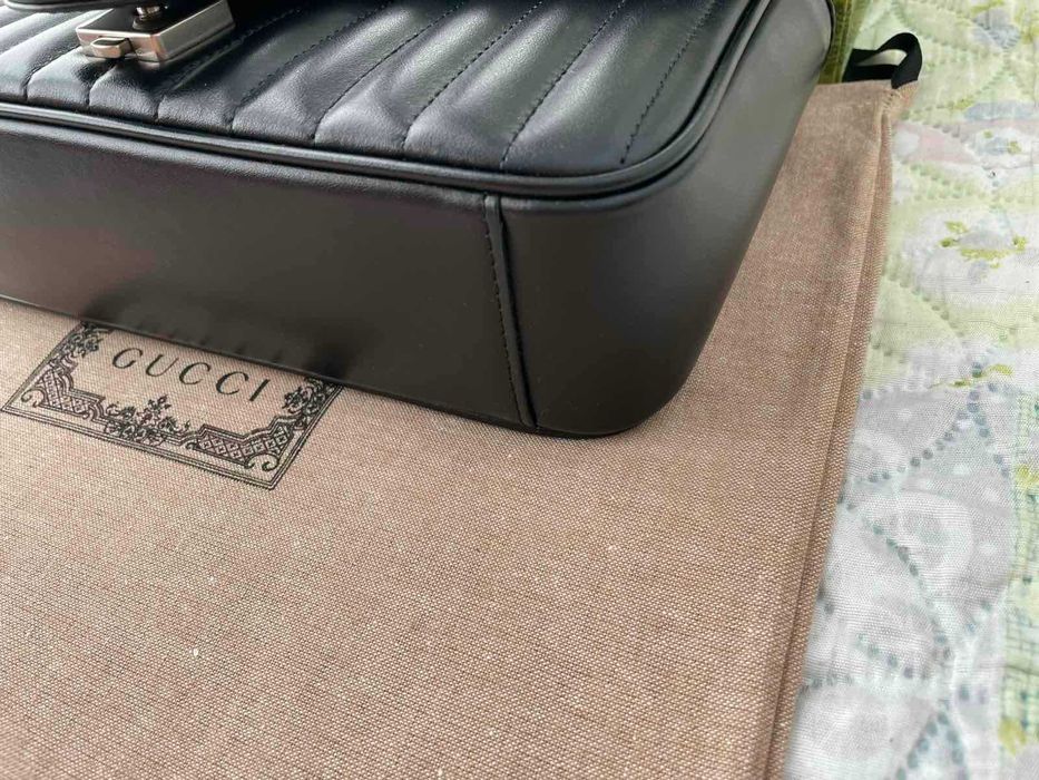 Гучи Черна Кожена чанта Marmont Оригинална Gucci Дръжка И Синджир GG